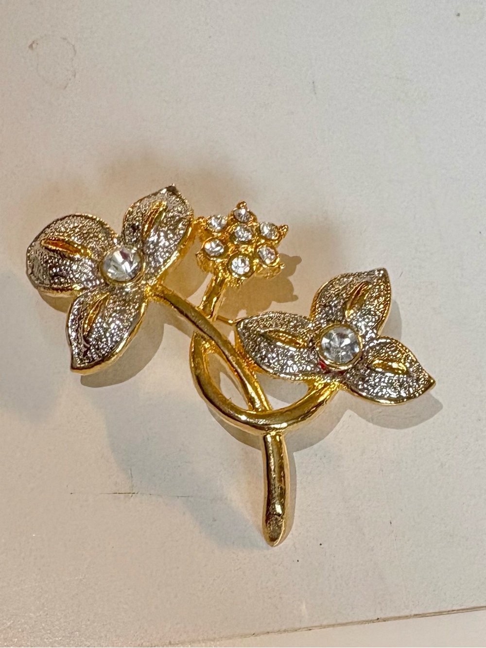 Vintage Two-Tone Textured Floral Rhinestone Brooch Pin - 80s/90s Retro Style
